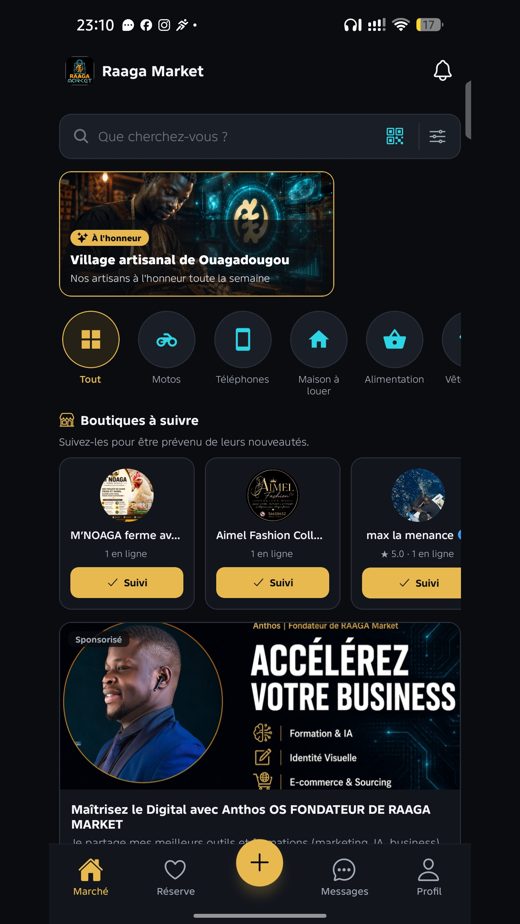Écran d'accueil de l'application Raaga Market